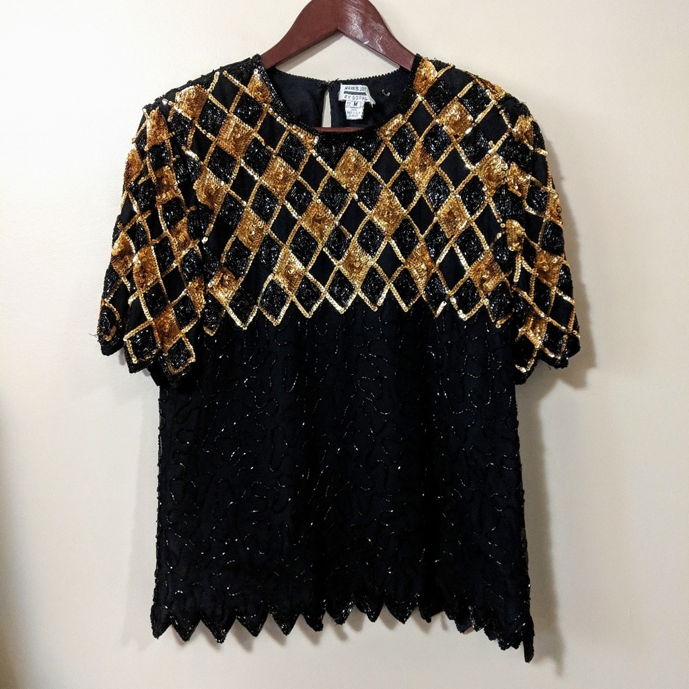 Vintage Beaded Black & Gold Top Medium